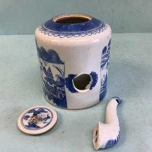 Chinesische Canton blau und weiß Teekanne 4 3/4" hoch gebrochener Auslauf - Bild 1 von 6