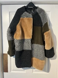 Noisy May Sherpa Fleece Patchwork Jacket Coat Snap Fasten Khaki Pink Grey M - Bild 1 von 15