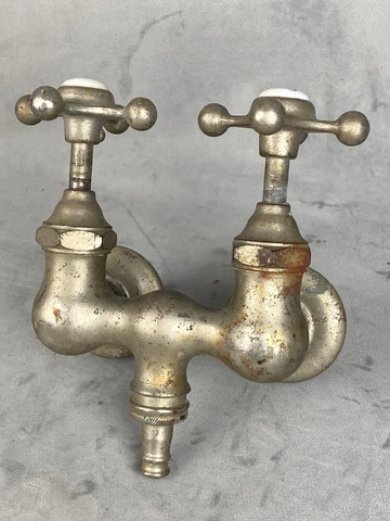 Antique C.1930 FAUCET, CAST IRON TUB ~ Hot & Cold Porcelain Toppers, Helicopter Cover