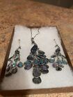Vintage Dangling Feathers PEACOCK Pierced Earrings And Necklace Set