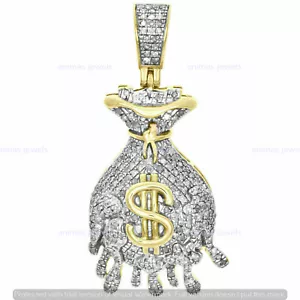 14K Yellow Gold Plated 3 CT Moissanite Money Bag Dripping Men's Charm Pendant - Picture 1 of 6