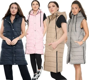 WOMENS HOODED LONG LINE PUFFER GILET JACKET PADDED TOP BODY WARMER 8-22 - Picture 1 of 14