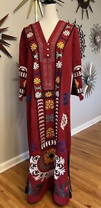 J Peterman Suzani Caftan Dress Embroidered Red Cotton S/M