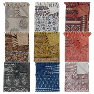 Hand Block Printed 100% Cotton Kilim Tassel Hand Woven Throw Coverlet 120x180 cm - Picture 1 of 58