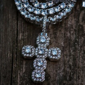 18k White Gold Diamond Tennis Chain w/ Gemstone Cross Real Icy Choker Necklace - Picture 1 of 5