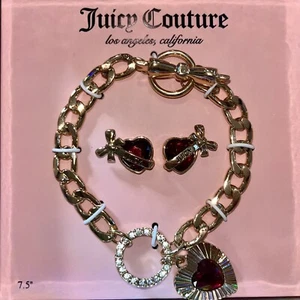 Juicy Couture Bracelet & Earrings Set Rose Gold Tone Bows Love Red Heart NIB - Picture 1 of 6