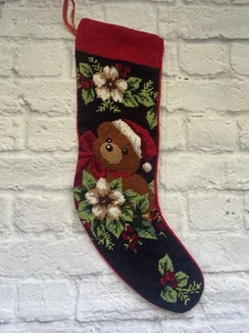 HEIRLOOM WOOL BLACK NEEDLEPOINT CHRISTMAS STOCKING WITH TEDDY BEAR RED BERRIES - Picture 1 of 5