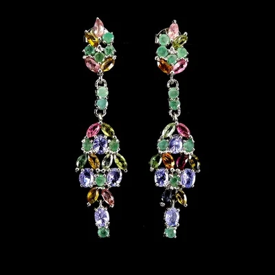 925 Sterling Silver Earrings Oval Tanzanite Emerald Tourmaline Gemstone Jewelry - Image 1 of 4