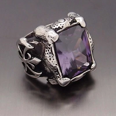 Anillo de motociclista de acero inoxidable 316L púrpura garra de dragón plateado para hombre  Foto 1 de 4
