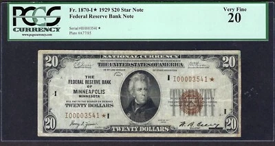 🇺🇸 1929 $20 FRBN "MINNEAPOLIS" ♚♚STAR♚♚  ♚♚STAR♚♚ PCGS VF 20 HARD TO FIND!!! - Image 1 of 2
