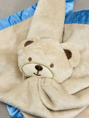 Baby Essentials Brown Blue Bear Security Blanket Lovey Satin Rattle HTF  Foto 1 de 4