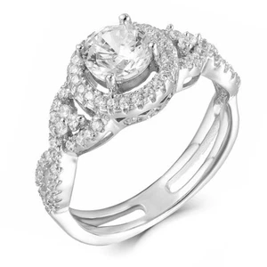 Anillo de compromiso redondo de diamantes simulados con halo cruz retorcida de 2,7 quilates enchapado en oro de 14 quilates - Imagen 1 de 7