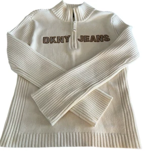 Vintage DKNY Jeans Cream Quarter Zip Sweater Ribbed Spell Out XL Y2K Logo Silver - Picture 1 of 20