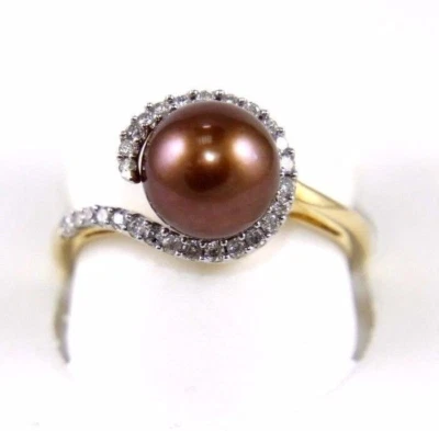 Anillo solitario en espiral con halo de diamantes y perlas marrones de oro amarillo de 14 k de 8 mm,22 quilates Foto 1 de 4
