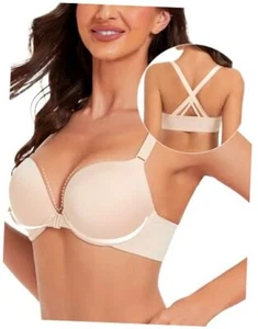 Padded Push Up Bras for Women Add 2 Cup Racerback Front Closure Criss 32B Nude - Picture 1 of 8