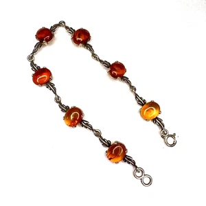 "Pulsera artesanal dorada ámbar báltico piedras preciosas plata de ley 925 7,75"" vintage" - Imagen 1 de 6