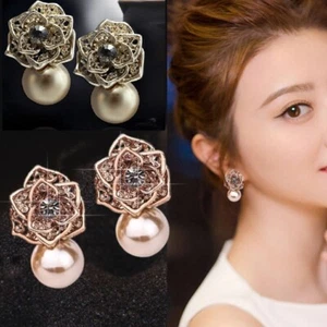 Lady Elegant Large Rhinestone Floral Shell Double Pearls Stud Earrings Huggie - Picture 1 of 21