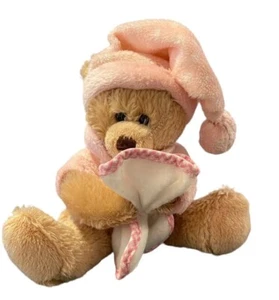 "Oso de felpa Sleepy Time sentado con gorra de noche y manta 8"" marrón/rosa/blanco" - Imagen 1 de 6