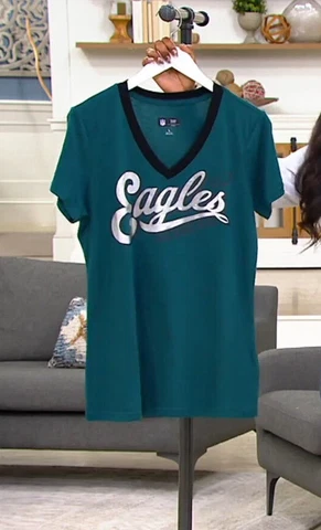 NFL PHILADELPHIA EAGLES Ladies GREEN SILVER Foil SHIRT Size S - XL WOMENS V NECK Cover