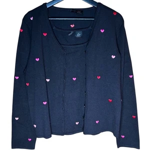 ETOILE Cardigan & Tank Sweater Set Size XL Hearts Valentine Love Embroidered - Picture 1 of 9