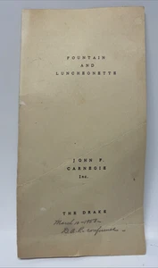 John F. Carnegie, The Drake Fountain and Luncheonette 1958 Restaurant Menu - Picture 1 of 3