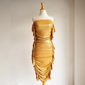 Vestido midi AKIRA dorado metálico sin tirantes | Flecos fruncidos ceñidos al cuerpo talla pequeña - Imagen 1 de 6