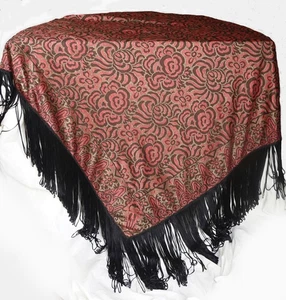 c.1900 48 inch Square Chinese Silk Shawl Piano Shawl with Fringe - Picture 1 of 20