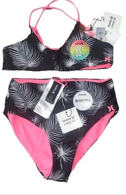 Biquíni Hurley feminino cintura alta 2 peças preto/rosa reversível, tamanho 8 - Imagem 1 de 4