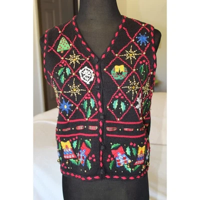 VTG Hampshire Studio Christmas Ugly Sweater Size PS Embroidered Vest Bells Chunk - Image 1 of 4