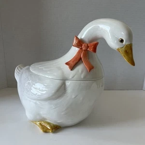 Otagiri 2-Pc. Ceramic Goose 1983 Vintage Duck With Bow Cookie Jar Hand Painted - Picture 1 of 10