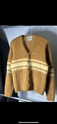 Vintage 1960s Milcraft Mohair Cardigan Sweater Mustard Stripe Medium Kurt Cobain - Image 1 of 3