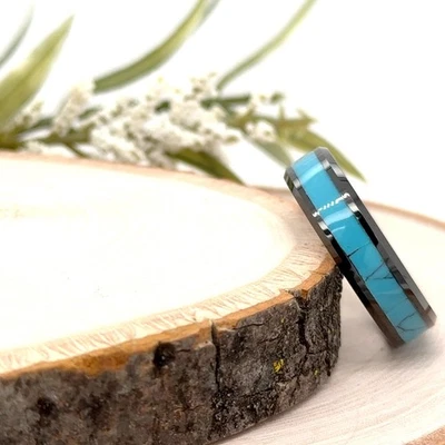 Кольцо из черного вольфрама 6 мм для рождественской синей бирюзовой инкрустации с лазерной гравировкой - Изображение 1 из 4