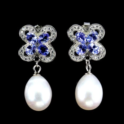 Estate 925 Orecchini Argento Ovale Tanzanite Perla Naturale Gemma Gioielli - Immagine 1 di 4