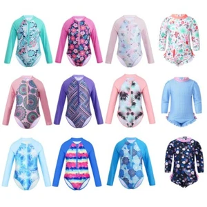 Girls Floral Palm Rash Guard Shirt & Zip Sun Protective Swimsuits Swimwear - Picture 1 of 37