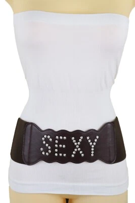 Women Dark Brown Elastic Band Wide Waistband Dressy Fashion Belt Silver SEXY S M - Image 1 of 4