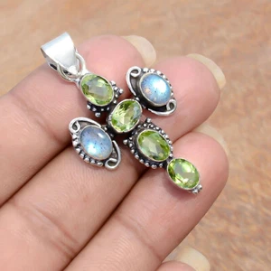 Peridot Cut & Labradorite Gemstone 925 Sterling Silver Cross Simple Look Jewelry - Picture 1 of 8