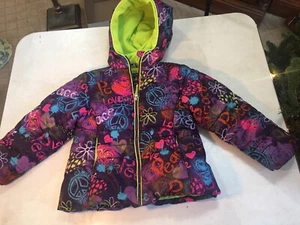 Pistachio Girls Graffiti Peace Love Smile Puffer Jacket Coat Purple, Sz: M-5/6 - Picture 1 of 8