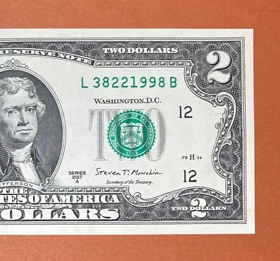 Trailing Year 1998 (L 38221998 B) $2 Two Dollar Bill Serial Number 2017A Series - Image 1 of 3