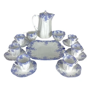 Shelley Demitasse Set Dainty Blue Teapot Sugar Creamer Coffee Pot Cups Saucers - Picture 1 of 12