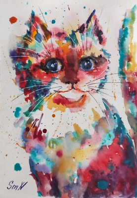 Оригинальная художественная причудливая картина с кошкой абстрактный акварель портрет котенка произведение искусства - Изображение 1 из 4