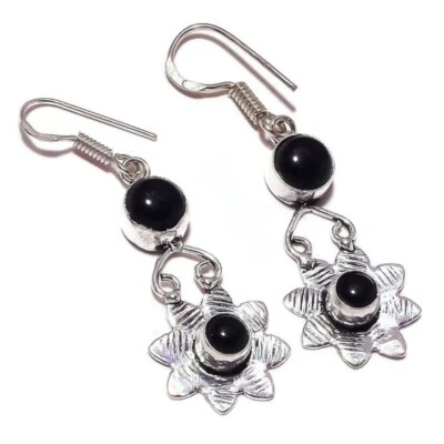 Black Onyx Round Gemstone Silver Overlay Handmade Drop Dangle Flower Earrings - Image 1 of 3