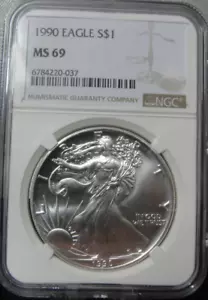 1990 American Silver Eagle Silver $1 NGC MS69 - Picture 1 of 2