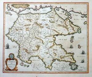 GRIECHENLAND MOREA OLIM PELOPONNESUS ATHEN PATRAS BLAEU KOLORIERT KARTUSCHE 1640 - Picture 1 of 1