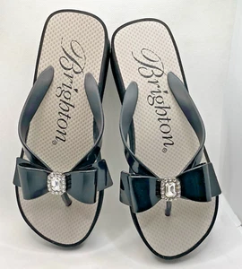 Brighton Bowie Wedge Flip Flops Womens Sz 7 Black Bow Rhinestones Sandals Bling - Picture 1 of 8