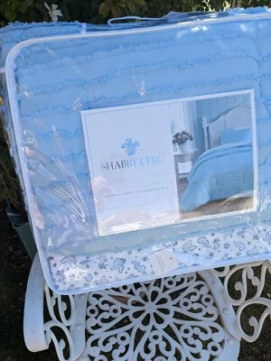 Edredón Shabby Chic Twin 5 piezas azul con juego de sábanas de diseño blanco/azul Foto 1 de 3