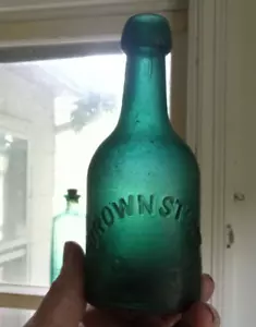 BROWN STOUT BOLD EMB IRON PONTIL SQUAT SODA SHAPE BOTTLE IRON PONTIL 1850s DUG - Picture 1 of 9