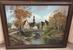 Grande quadro impressionista vintage vecchio villaggio europeo artista firmato 19x27 - Foto 1 di 12