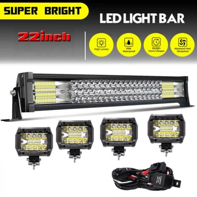 22inch LED Light Bar Spot Flood Combo Work UTE Truck ATV Boat+4x 4" Pods+Wiring