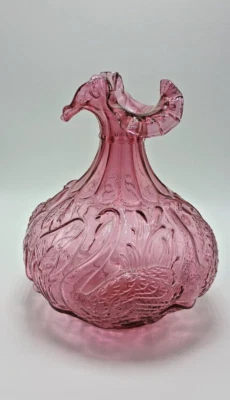 HTF VINTAGE FENTON CRANBERRY SWAN & CATTAILS 8" RUFFLE TOP VASE - Image 1 of 4
