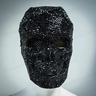 Rhinestone Face Mask Bling Bling Face Mask Full Skull Masquerade Mask Black Gems - Image 1 of 3